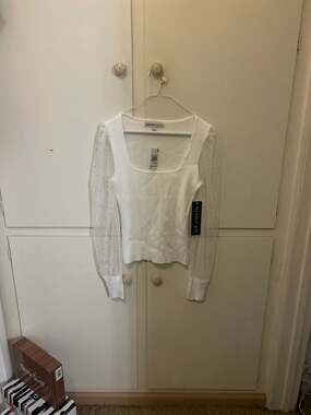 Madden Girl Juniors' Sheer Puff Sleeve Square Neck Ribbed Knit Top